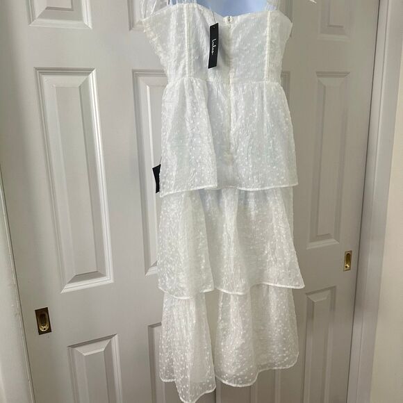 Lulus Blissful Direction White Tie-Strap Clip Dot Bustier Midi Dress - Picture 8 of 14